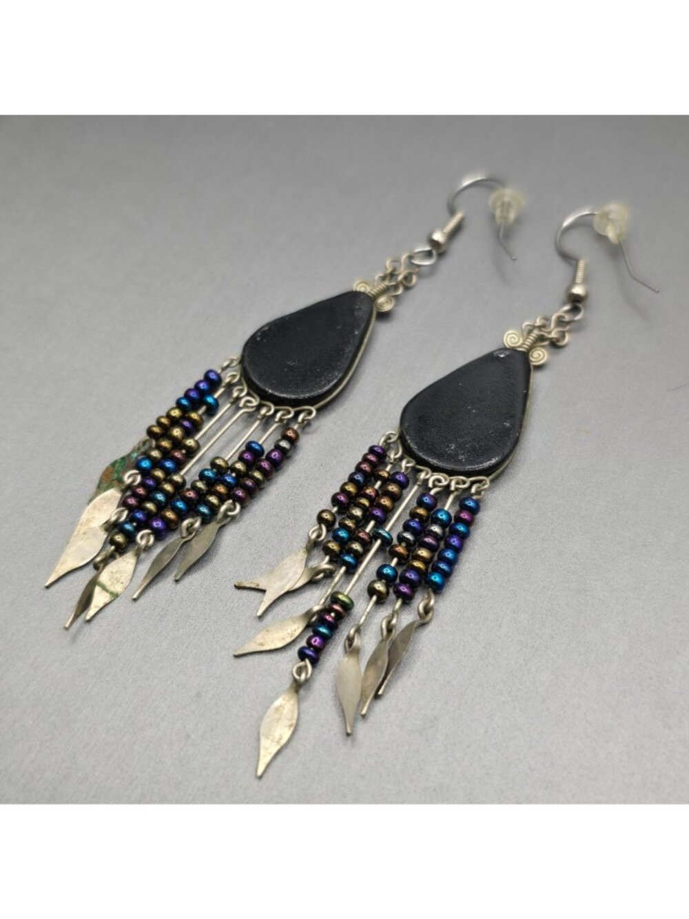 VTG Southwestern Dangle Earrings 3.75" Purple Beaded Fringe Aztec Boho Tribal - Picture 7 of 10
